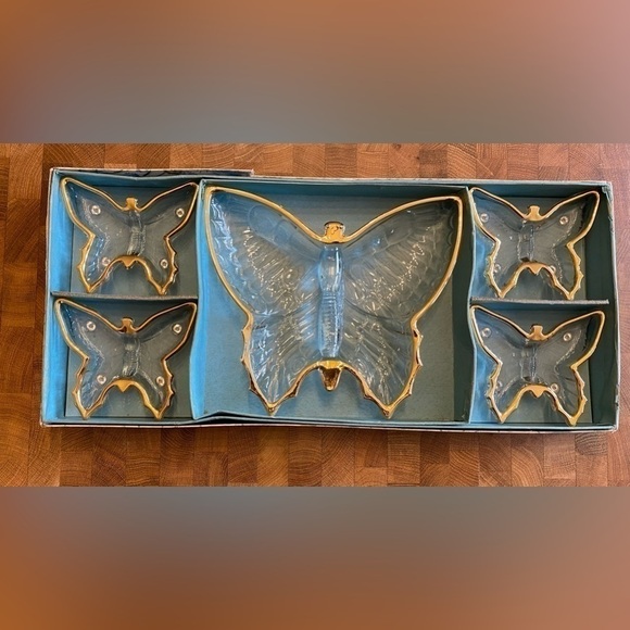 Jeannette Glass Company Butterfly Dishes (5) 22k Gold Edging-Original Box - Picture 9 of 13